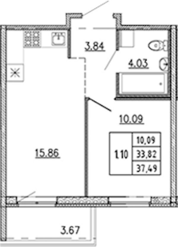 1-комнатная квартира 33.82 м², 19/22 эт., ЖК «Новые горизонты 2»